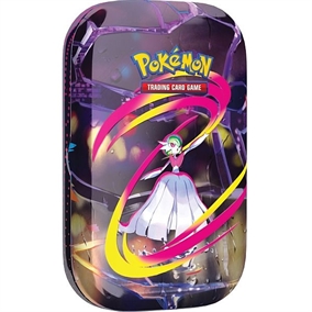 Pokémon Mini Tin featuring Mega Gardevoir, includes two booster packs, sticker sheet, and collectible art card in a metal case